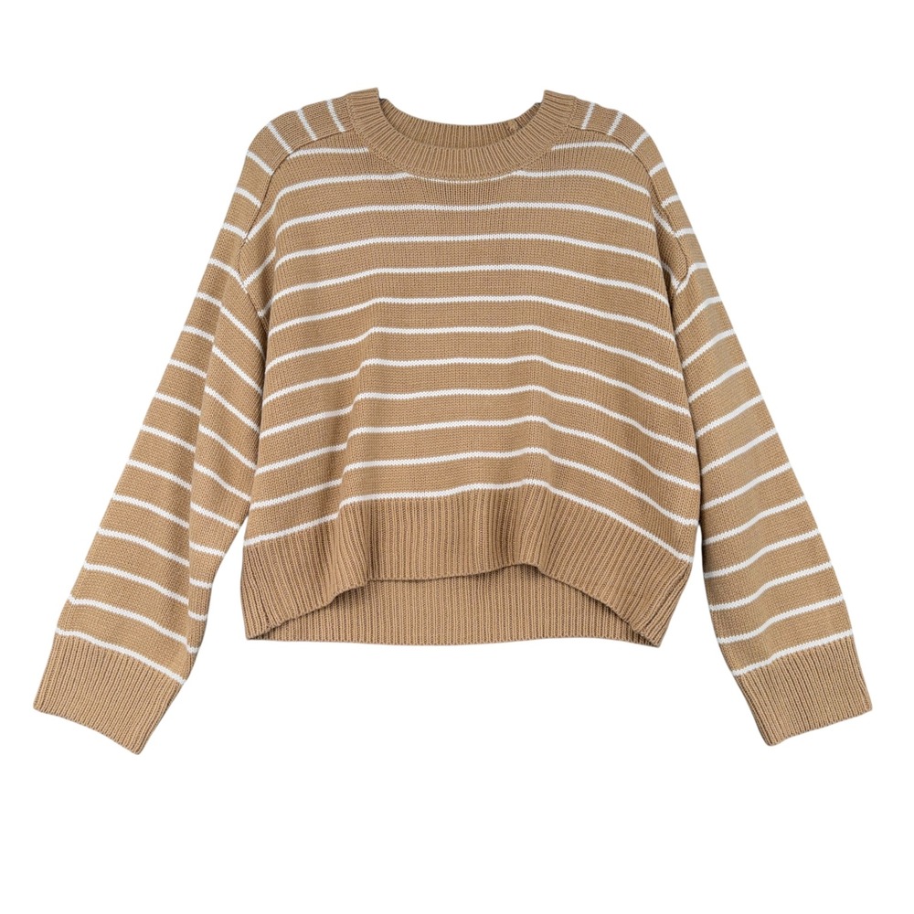 T‎ Tahari Womens Striped Crewneck Sweater Camel Tan White Relaxed Fit Size Large